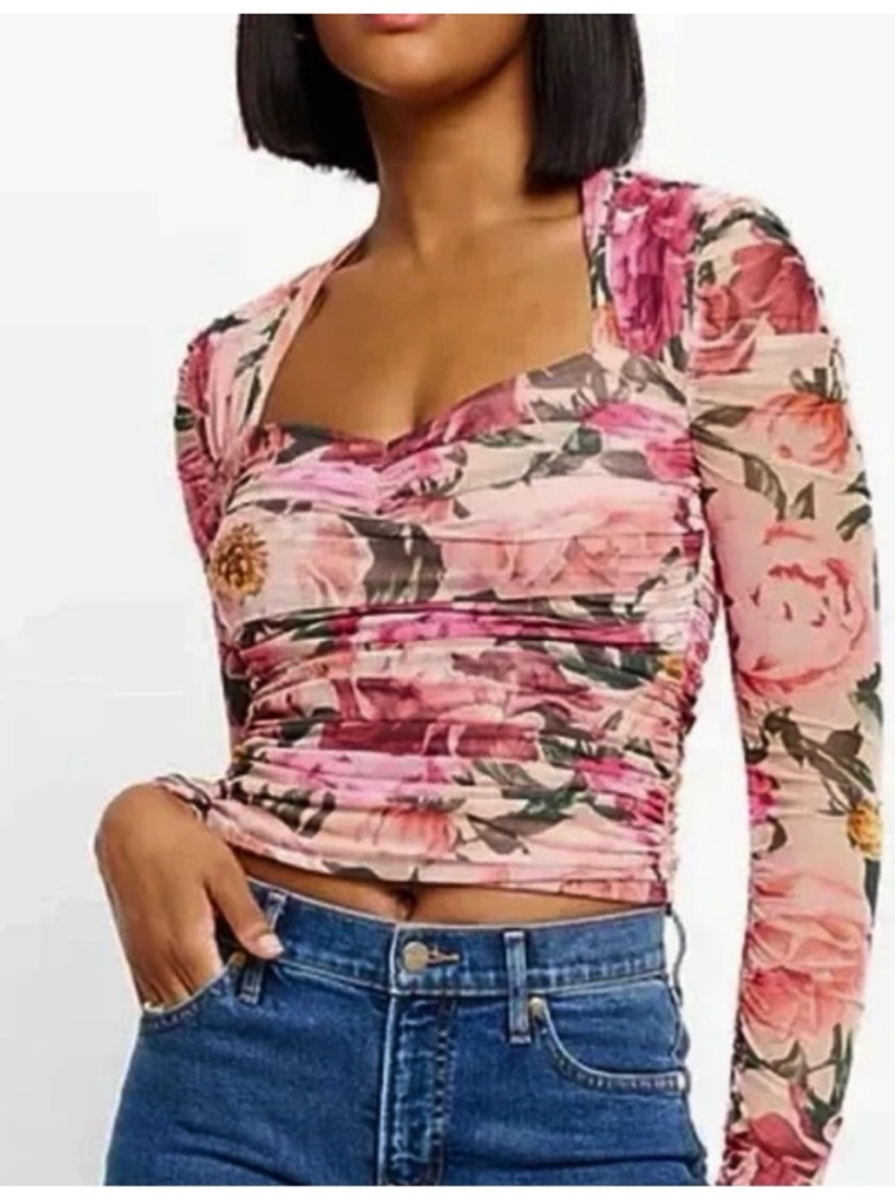 Express Pink Floral Ruched Long-Sleeve Crop Top